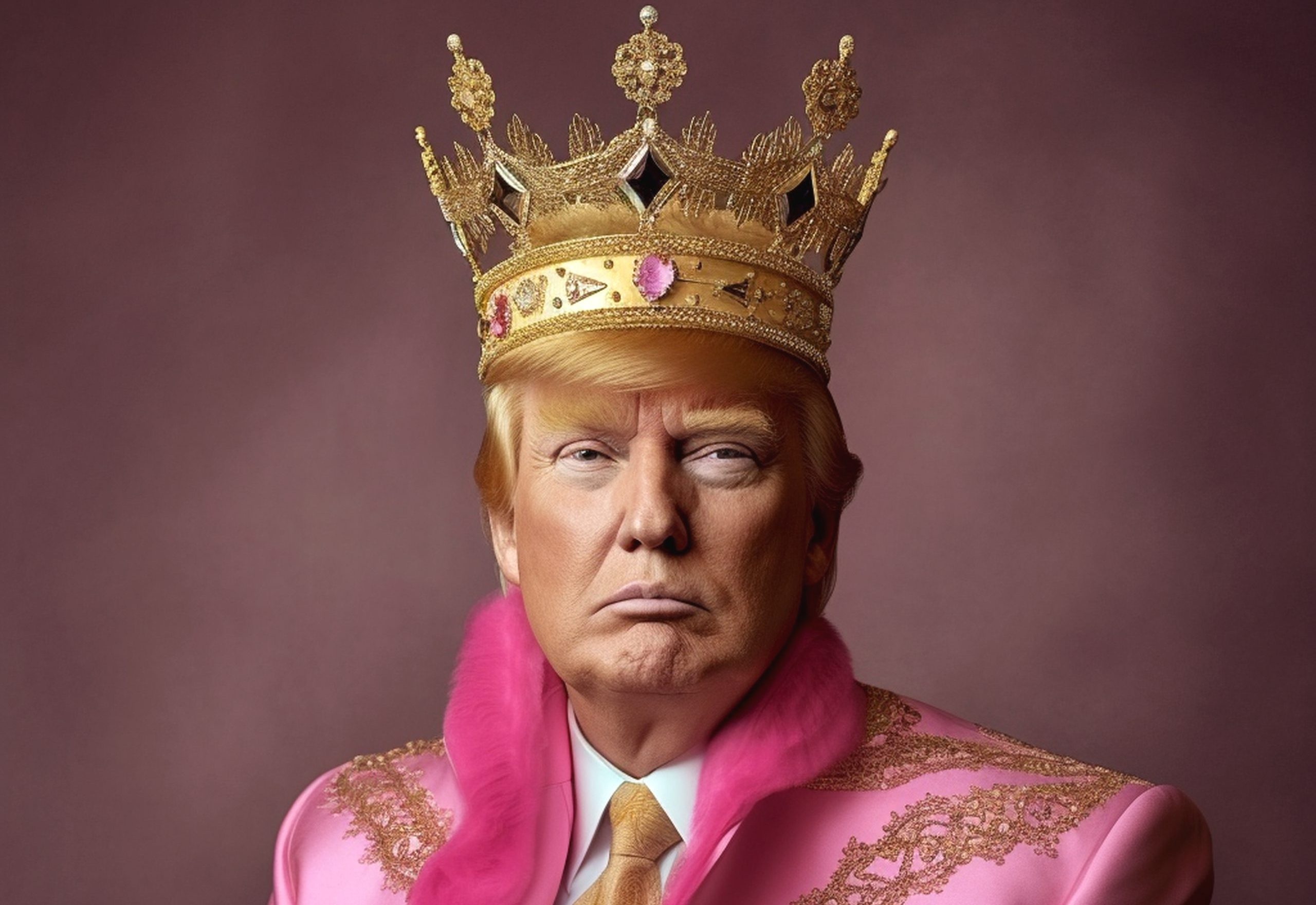 AI generated image of Donald Trump in a pink suit with gold embroidery and a golden king's crown